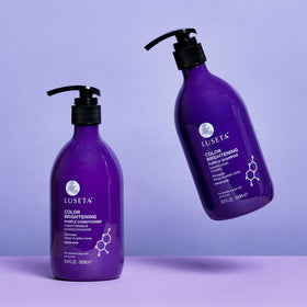 L LUSETA Purple Shampoo and Conditioner Set displayed on a bathroom shelf