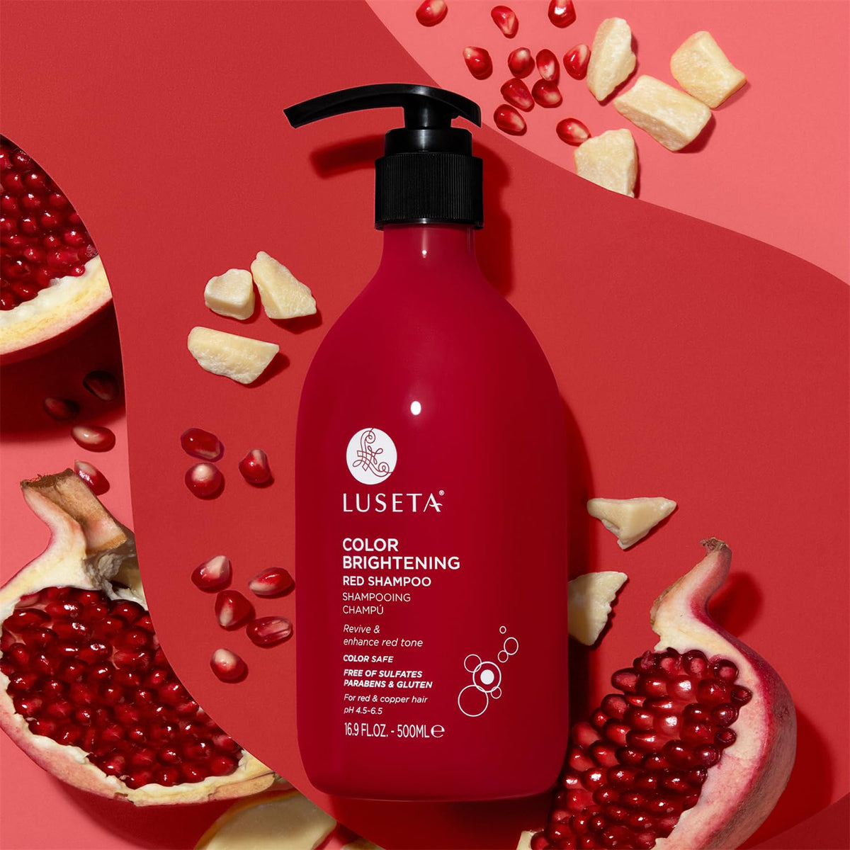 L LUSETA Red Hair Color Brightening Shampoo on a vanity