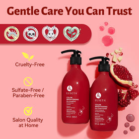 L LUSETA Red Hair Shampoo and Conditioner Set on a bathroom shelf