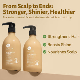 L LUSETA Rice Water Shampoo and Conditioner Set on bathroom shelf
