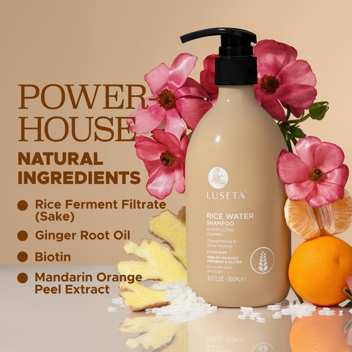 L LUSETA Rice Water Shampoo on bathroom shelf