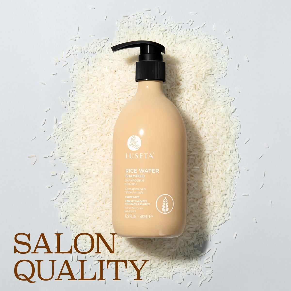 L LUSETA Rice Water Shampoo with rice grains background