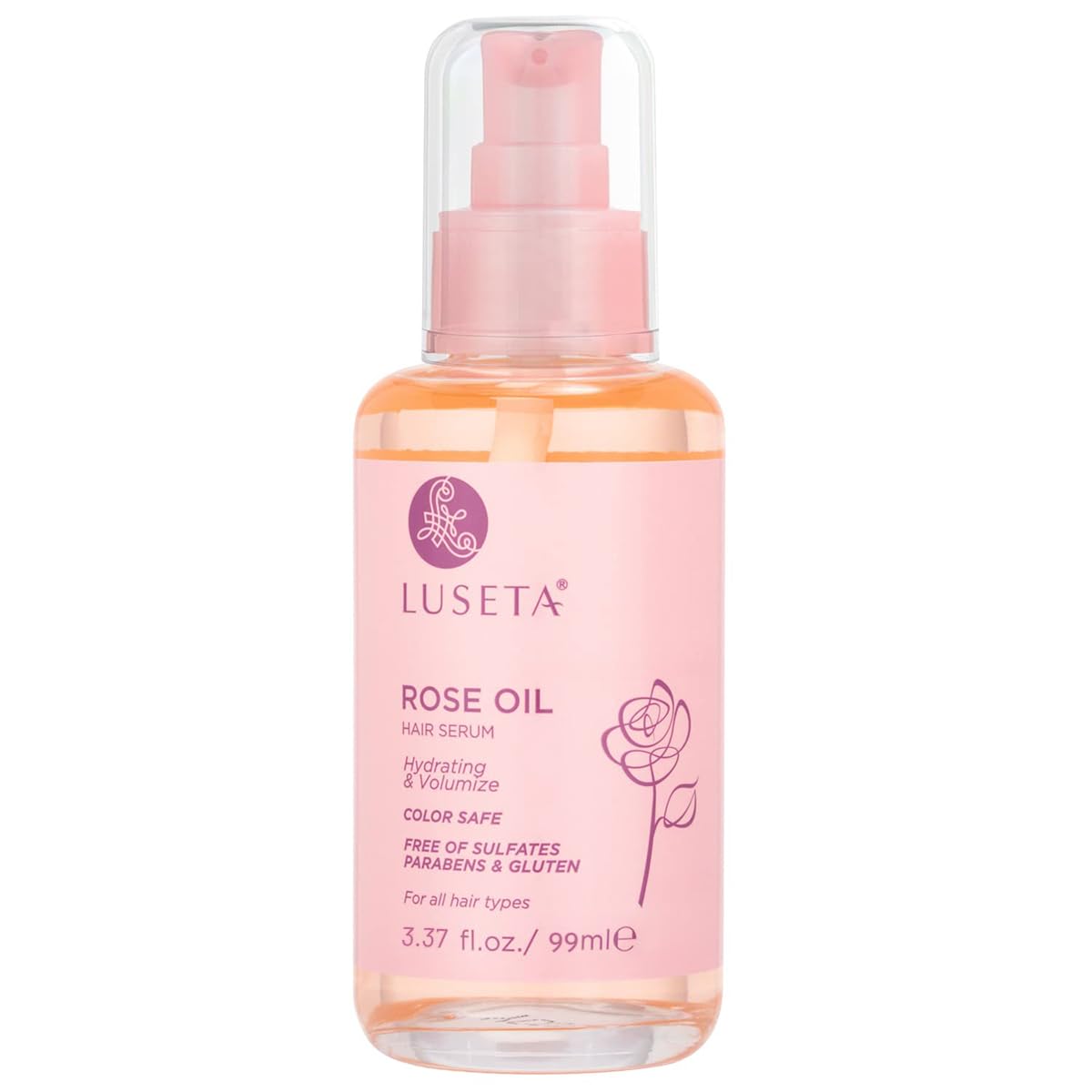 L LUSETA Rose Oil Hair Serum front view, 3.37 oz bottle