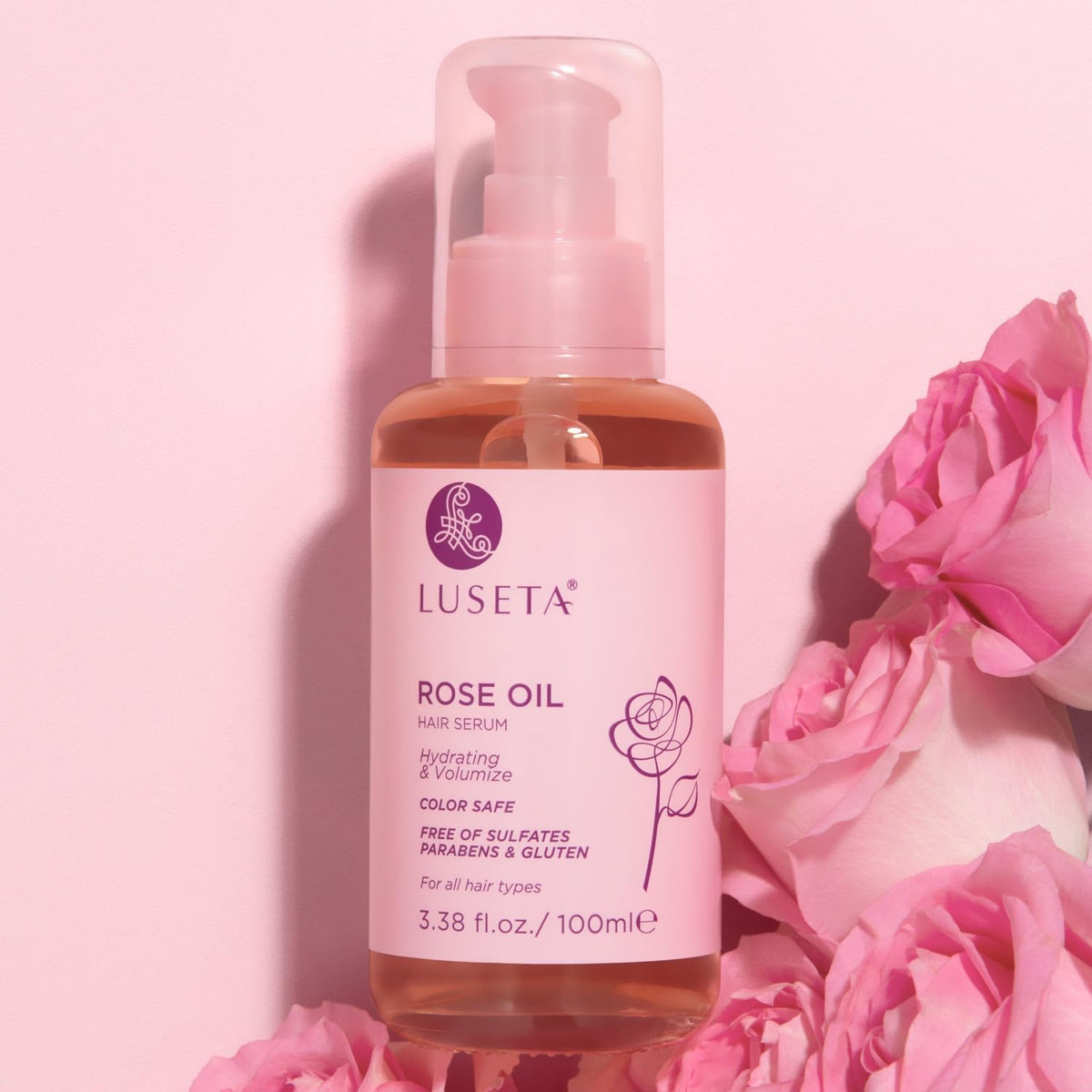 L LUSETA Rose Oil Hair Serum lifestyle scene in bathroom setting