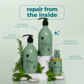 L LUSETA Rosemary Mint Hair Care Set displayed with fresh rosemary and mint