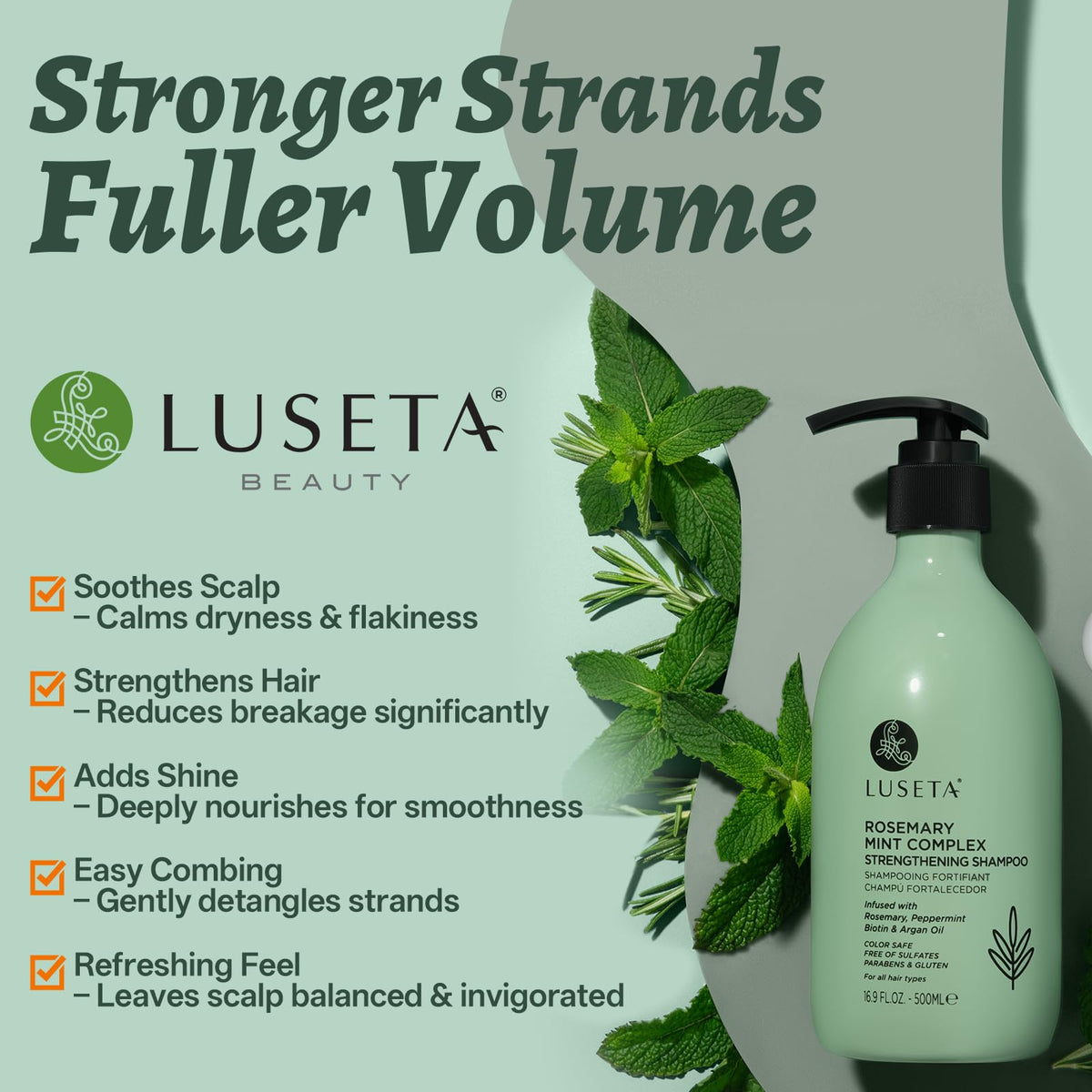 L LUSETA Rosemary Mint Shampoo bottle with rosemary leaves