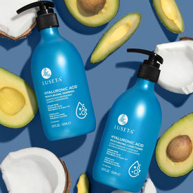 L LUSETA shampoo and conditioner on a vanity