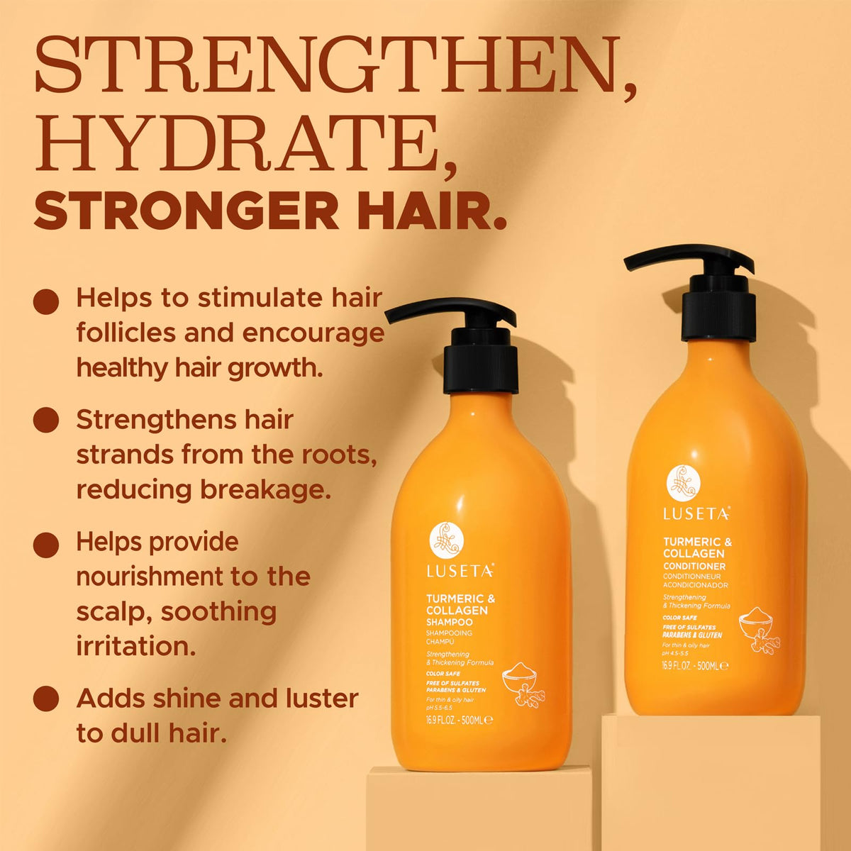 L LUSETA shampoo and conditioner set on a bathroom counter