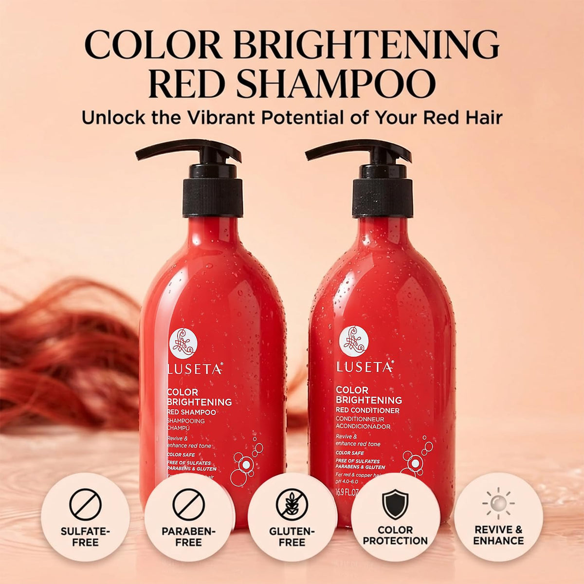 L LUSETA shampoo and conditioner set on a bathroom shelf