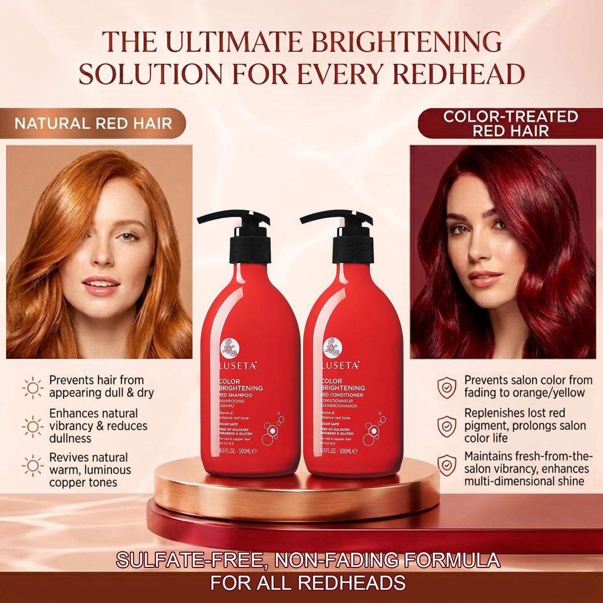 L LUSETA shampoo bottle with vibrant red colour