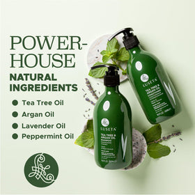 L LUSETA Tea Tree Oil Shampoo and Conditioner bottles with peppermint leaves