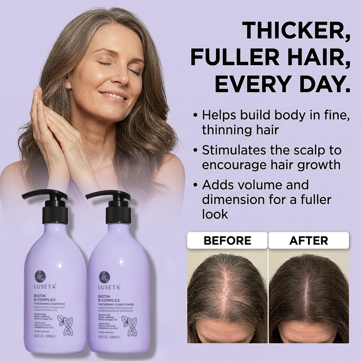 L LUSETA Thickening Shampoo and Conditioner Set on a bathroom shelf