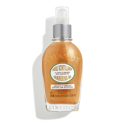 L'OCCITANE Almond Shimmering Body Oil front view with golden shimmer