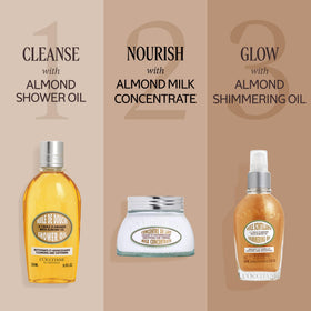 L'OCCITANE Almond Shimmering Body Oil in lifestyle setting with soft lighting