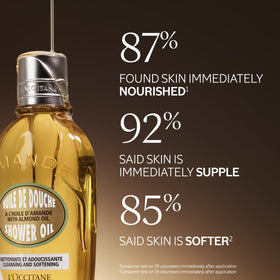 L'OCCITANE Almond Shower Oil with almond and vanilla background