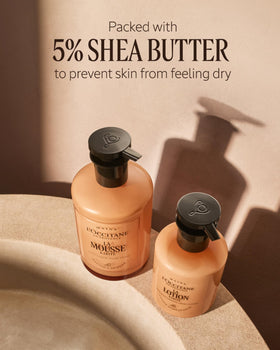 L'OCCITANE lotion packaging on a bathroom counter