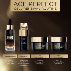 L'Oreal Paris Age Perfect Cell Renewal Day Moisturizer beside skincare tools