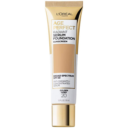 L'Oreal Paris Age Perfect Radiant Serum Foundation front view, Golden Ivory shade