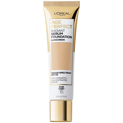 L'Oreal Paris Age Perfect Radiant Serum Foundation front view, Rose Ivory