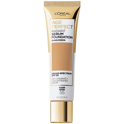 L'Oreal Paris Age Perfect Radiant Serum Foundation front view, Warm Beige