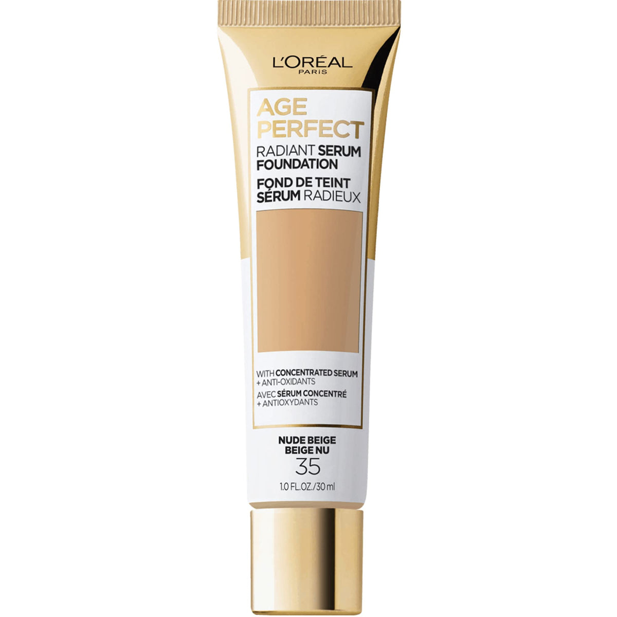 L'Oreal Paris Age Perfect Radiant Serum Foundation SPF 50 in Nude Beige front view