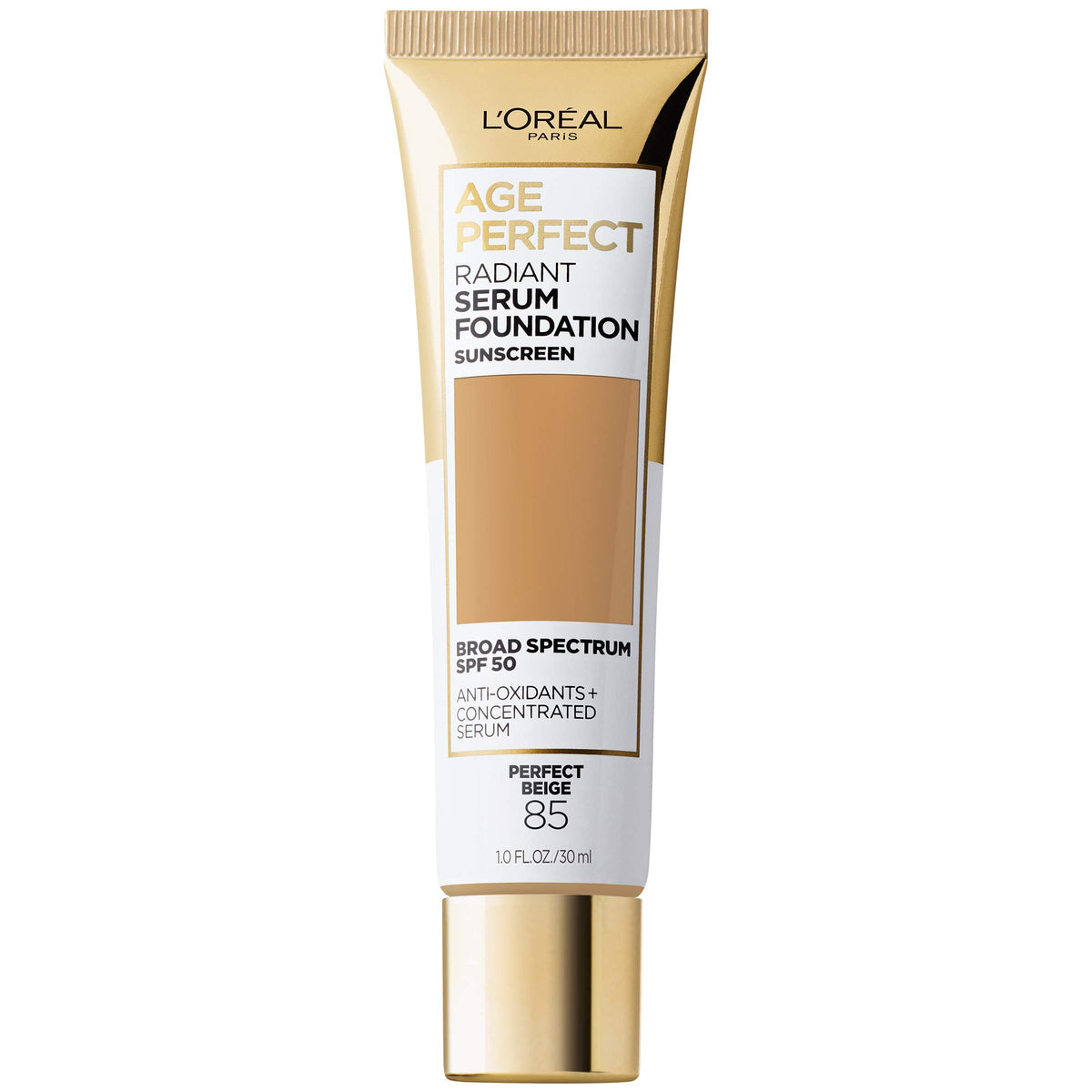 L'Oreal Paris Age Perfect Radiant Serum Foundation SPF 50 in Perfect Beige front view