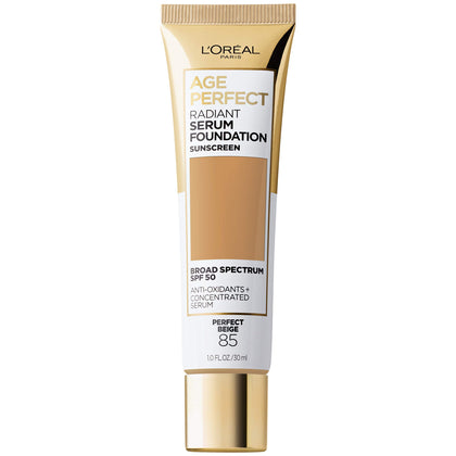 L'Oreal Paris Age Perfect Radiant Serum Foundation SPF 50 in Perfect Beige front view