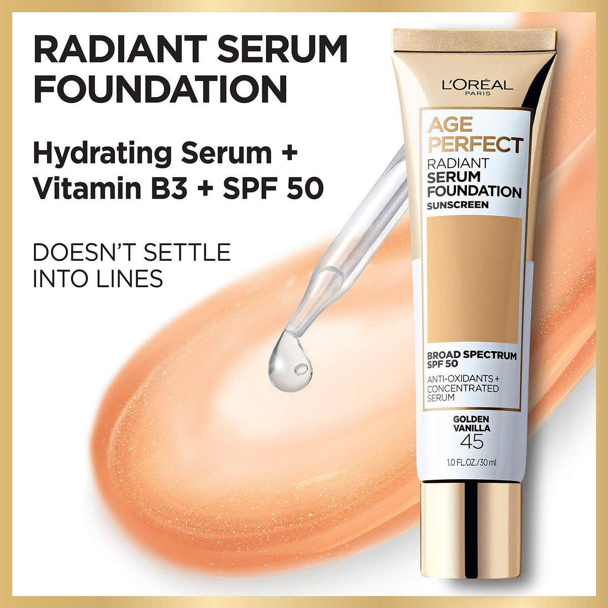 L'Oreal Paris Age Perfect Radiant Serum Foundation with SPF 50 label