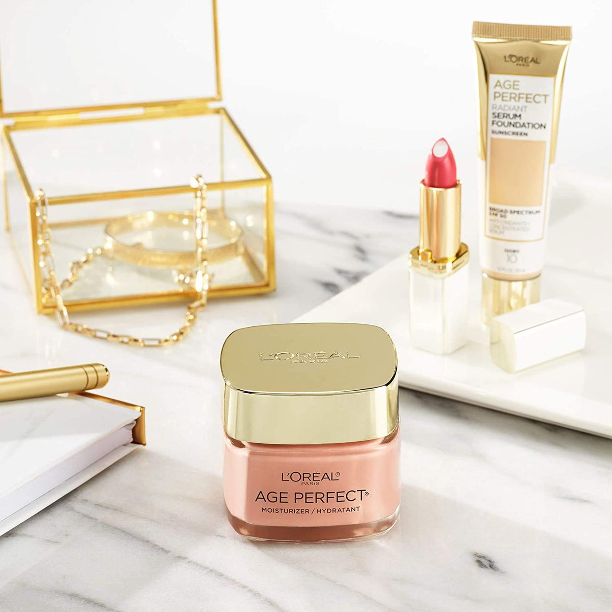 L'Oreal Paris Age Perfect Rosy Tone Eye Cream with other skincare products