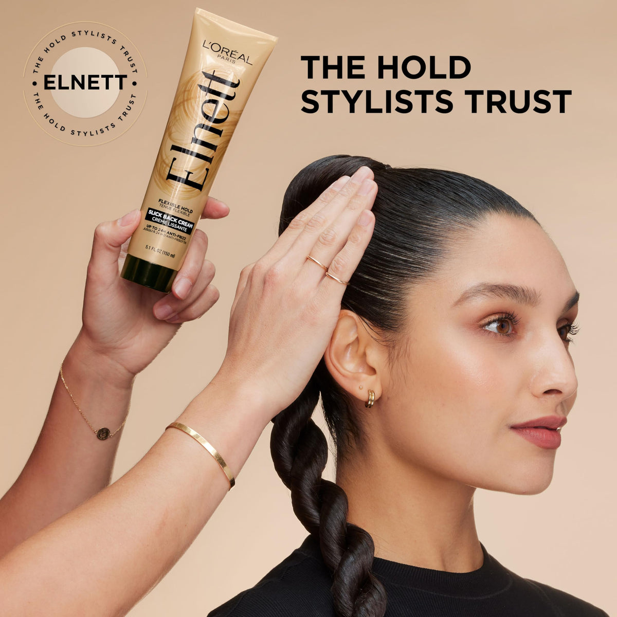 L'Oreal Paris Elnett Slick Back Styling Cream with floral background