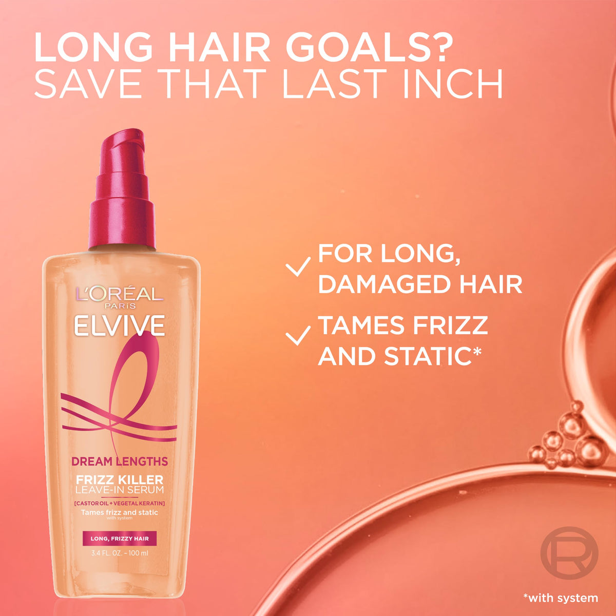 L'Oreal Paris Elvive Dream Lengths Frizz Killer Leave-In Serum 3.4 oz with hair styling tools