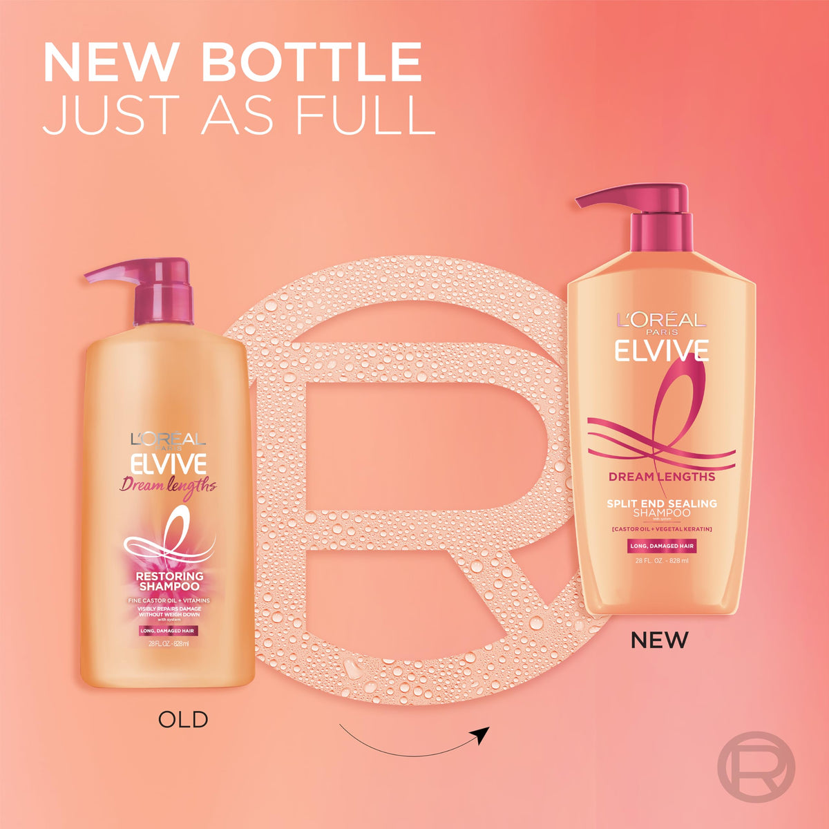 L'Oreal Paris Elvive Dream Lengths Shampoo and Conditioner Set on a bathroom shelf