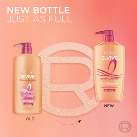L'Oreal Paris Elvive Dream Lengths Shampoo and Conditioner Set on a bathroom shelf