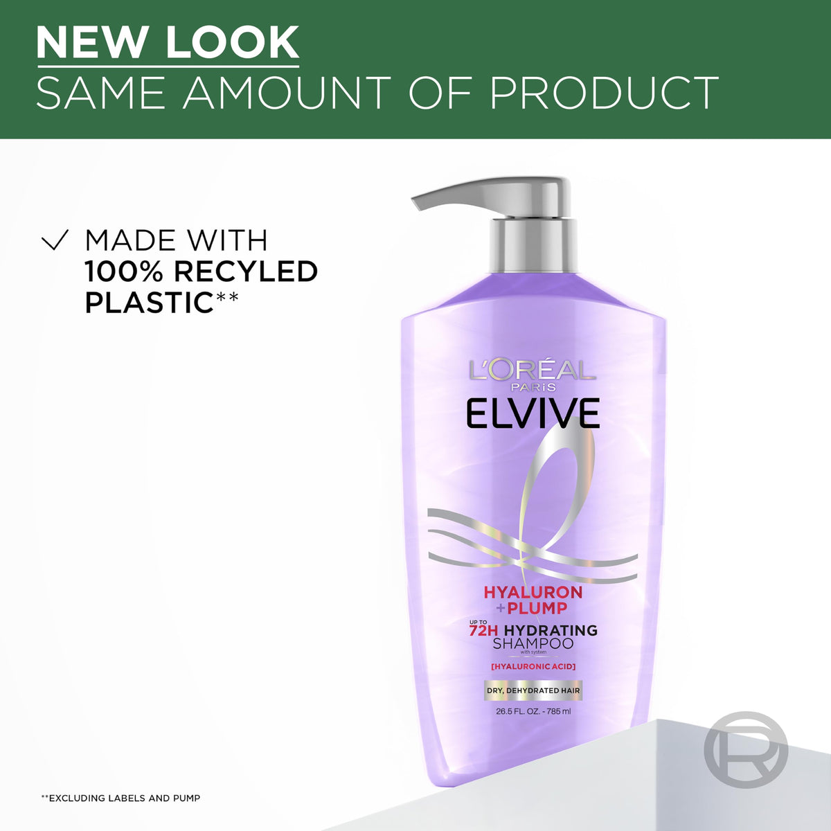 L'Oreal Paris Elvive Hyaluron Plump Shampoo and Conditioner set on a bathroom shelf