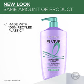 L'Oreal Paris Elvive Hyaluron + Pure Shampoo and Conditioner Set on bathroom shelf