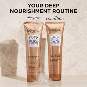 L'Oreal Paris EverPure Deep Nourish Shampoo and Conditioner on bathroom shelf