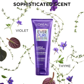 L'Oreal Paris EverPure Purple Shampoo with hibiscus flowers