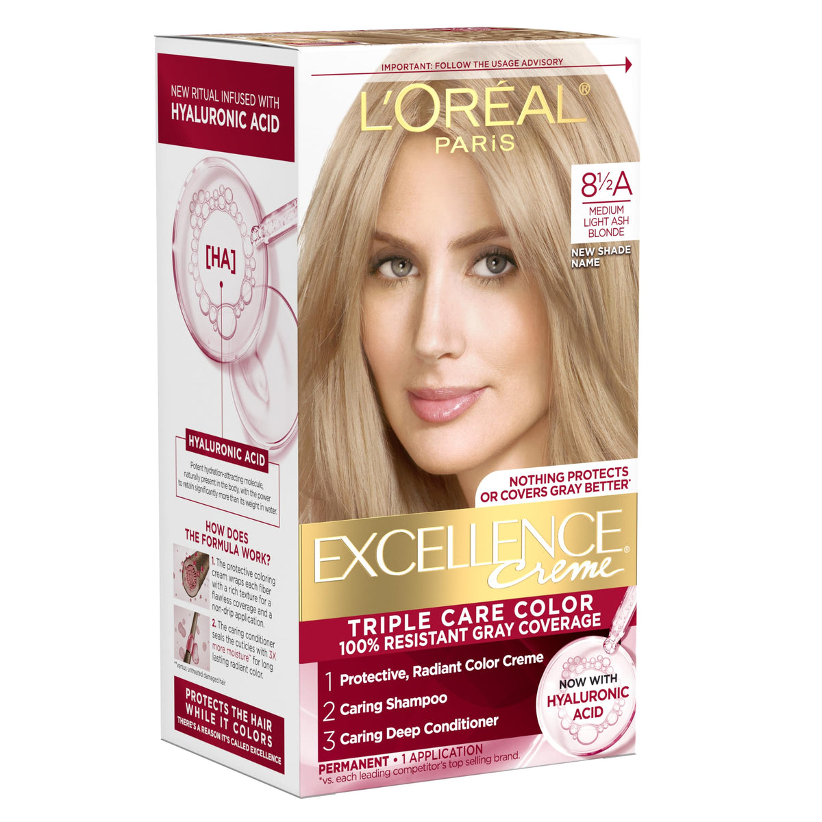 L'Oreal Paris Excellence Crème 8.5A Medium Light Ash Blonde hair dye kit front view