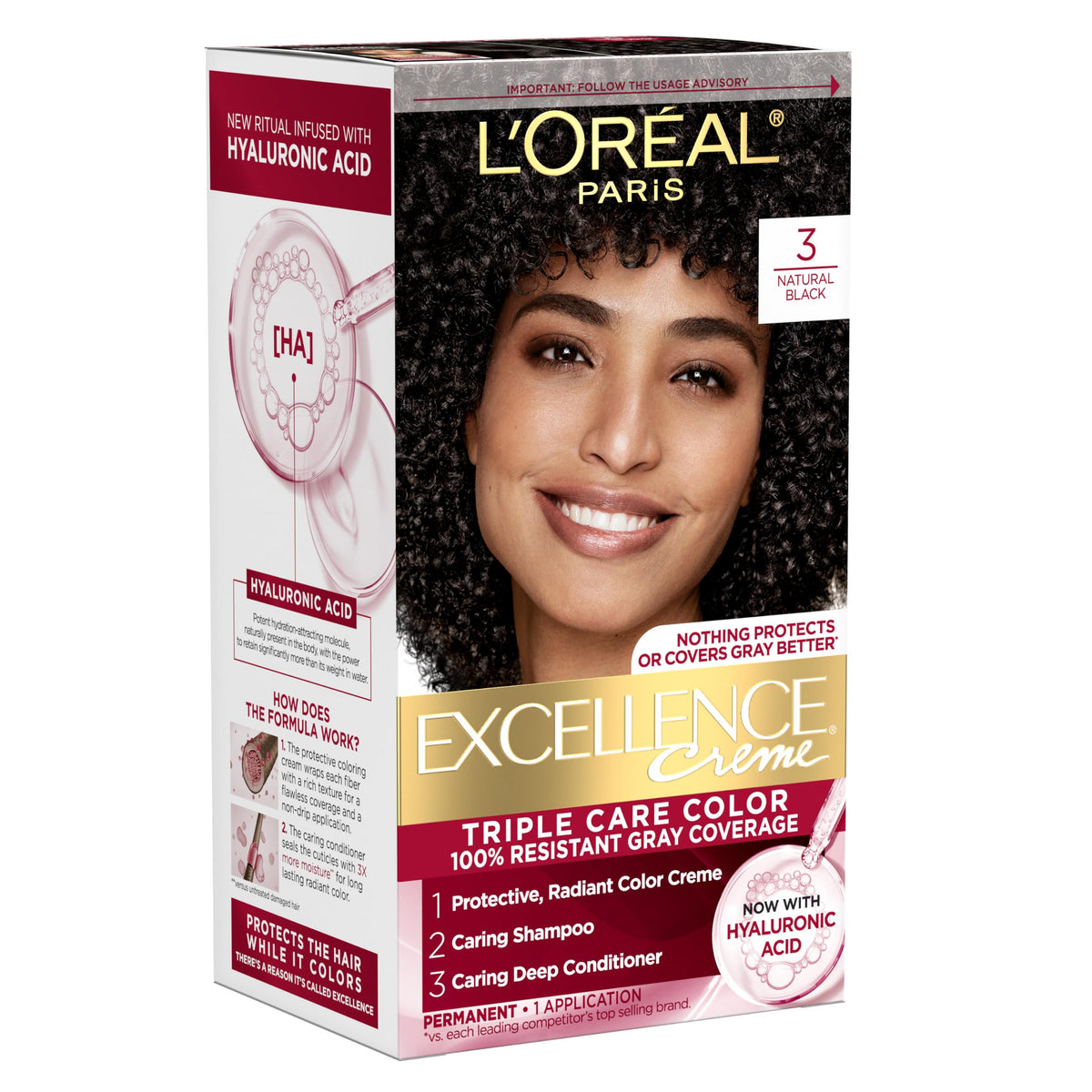 L'Oreal Paris Excellence Crème Hair Dye 3 Natural Black kit front view