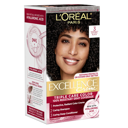 L'Oreal Paris Excellence Crème Hair Dye 3 Natural Black kit front view
