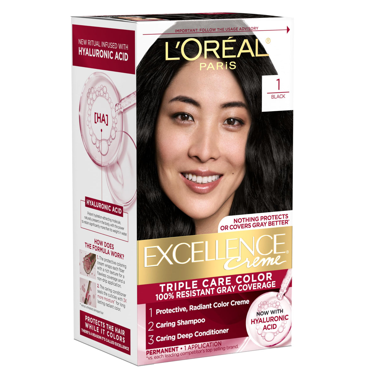 L'Oreal Paris Excellence Crème Hair Dye Kit front view, 1 Black