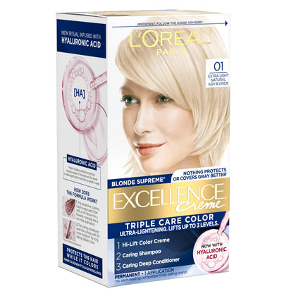 L'Oreal Paris Excellence Crème Hair Dye kit front view with 01 Extra Light Natural Ash Blonde