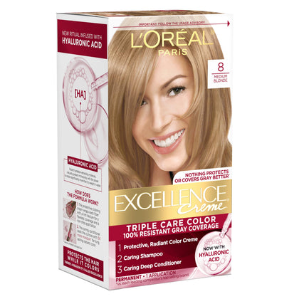 L'Oreal Paris Excellence Crème Permanent Hair Dye 8 Medium Blonde front view