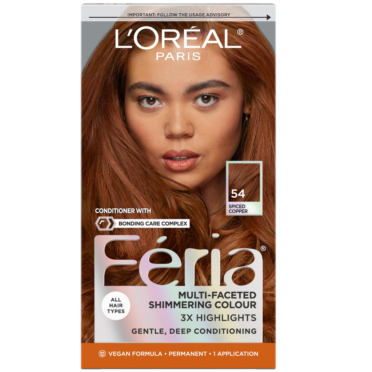 L'Oreal Paris Feria 54 Spiced Copper hair color kit front view