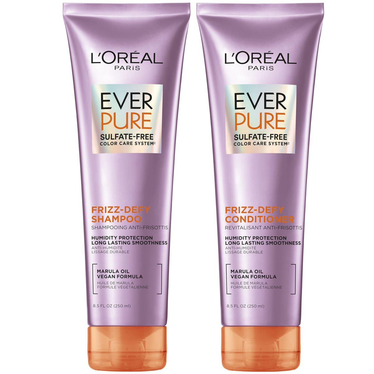 L'Oreal Paris Frizz Defy Shampoo and Conditioner Set front view with Marula Oil
