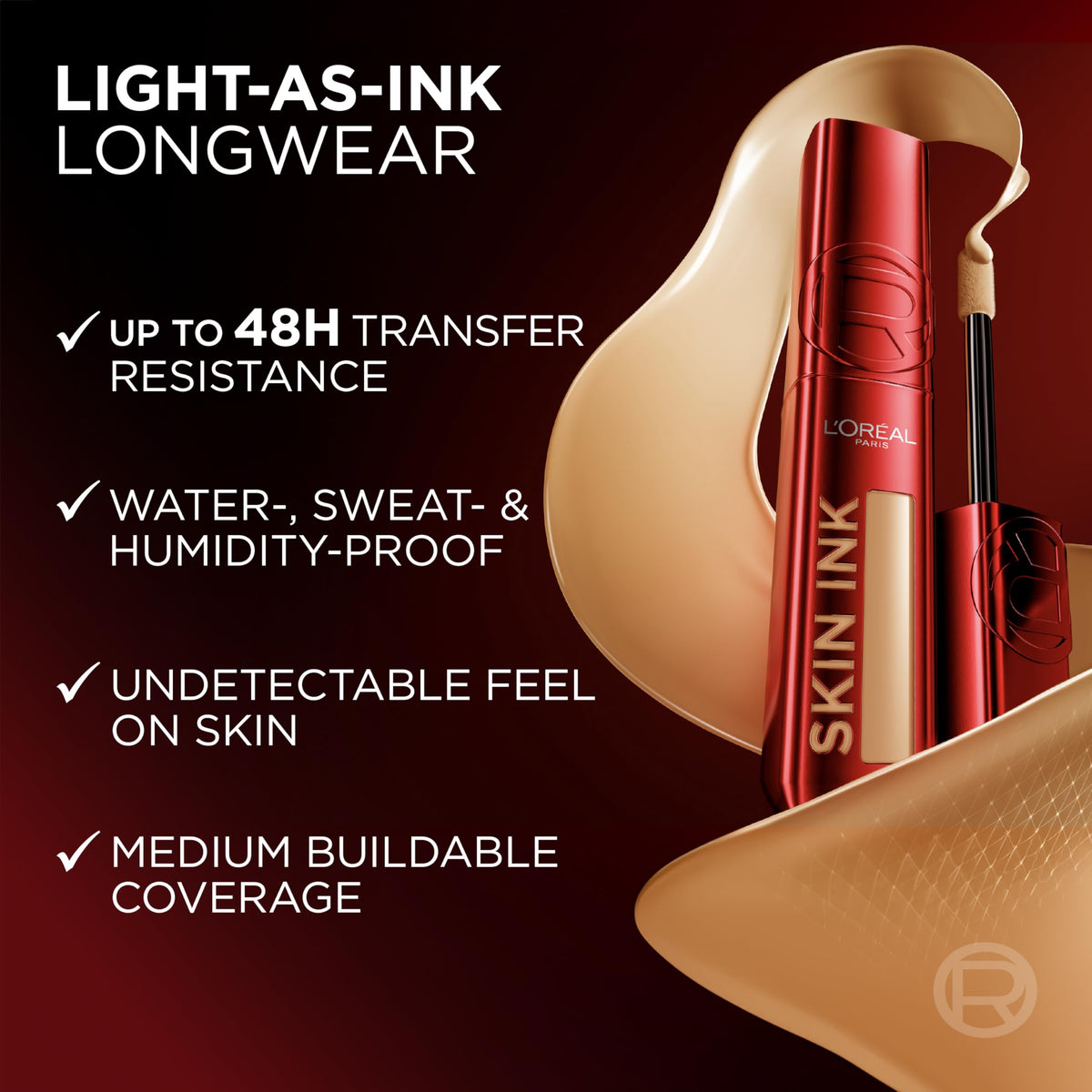L'Oreal Paris Infallible Skin Ink 2-in-1 Foundation Concealer 430 Deep Cool with makeup brush