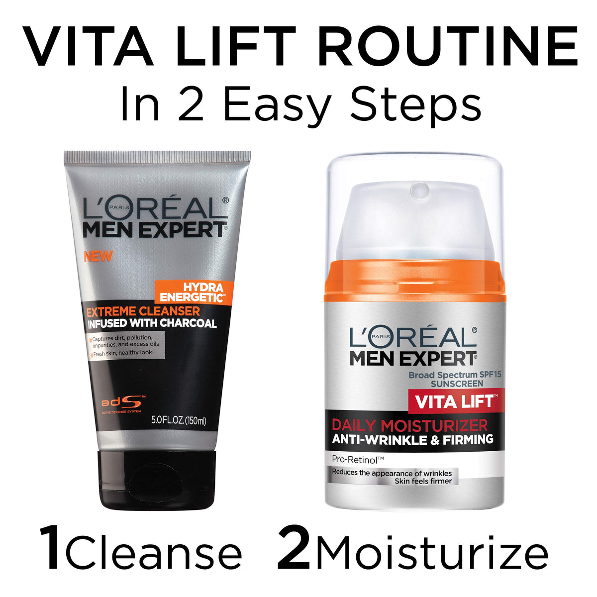 L'Oreal Paris Men Expert Hydra Energetic Facial Cleanser with Charcoal next to moisturizer