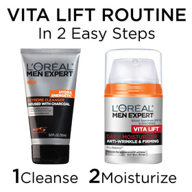 L'Oreal Paris Men Expert Hydra Energetic Facial Cleanser with Charcoal next to moisturizer