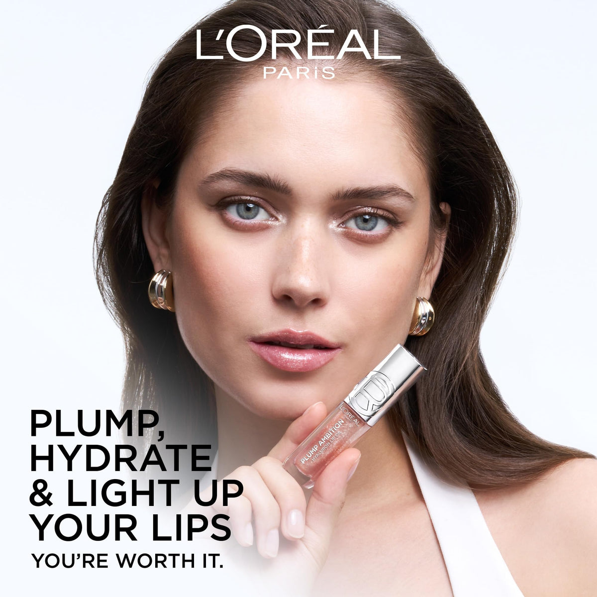 L'Oreal Paris Plump Ambition Lip Oil showing 24-hour hydration feature
