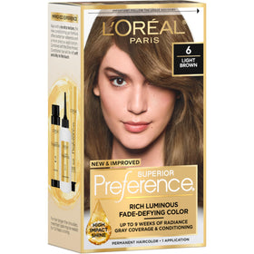 L'Oreal Paris quality Preference 6 Light Brown hair dye kit front view